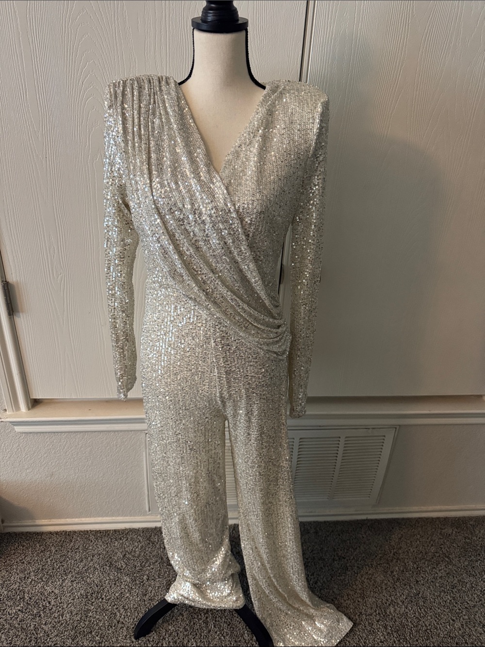 Sequin Draped V-Neck Jumpsuit in Silver
